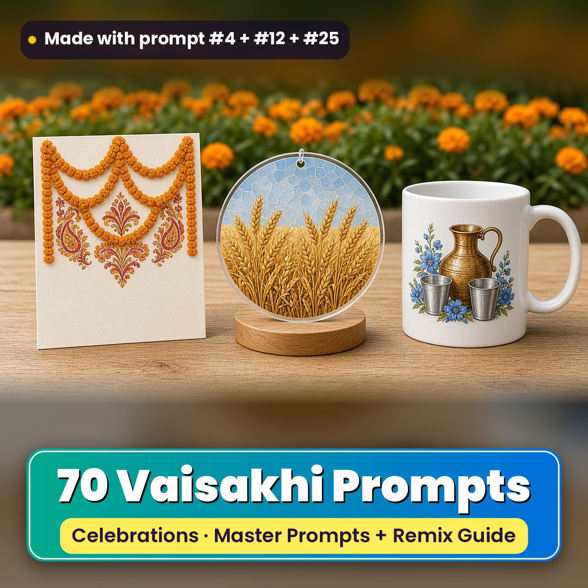 Vaisakhi prompt pack: 70 master prompts + Remix Guide, with a UV-printed greeting card, acrylic ornament and mug set made with prompts #4, #12 and #25