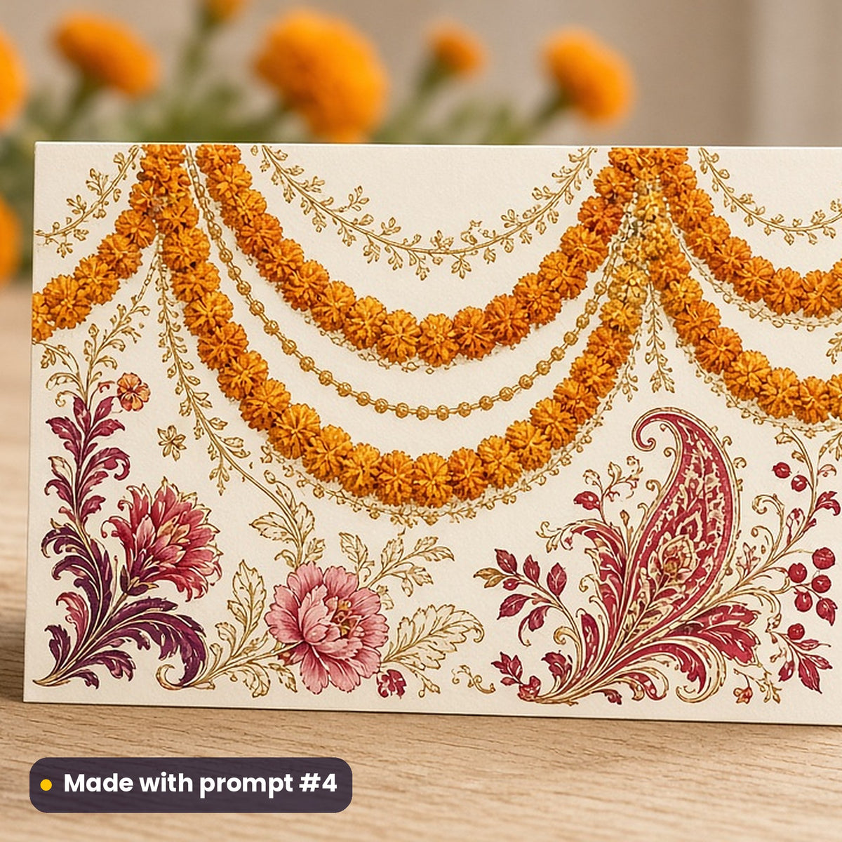 Vaisakhi artwork printed on a flat-printed greeting card: marigold garlands in saffron and gold, elegant line & floral style, made with prompt #4 from this pack