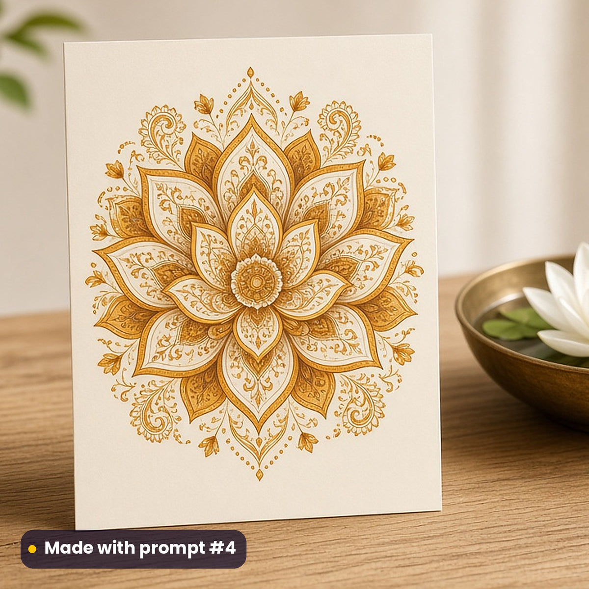Buddha Purnima artwork printed on a flat-printed greeting card: lotus mandala in saffron and white, elegant line & floral style, made with prompt #4 from this pack