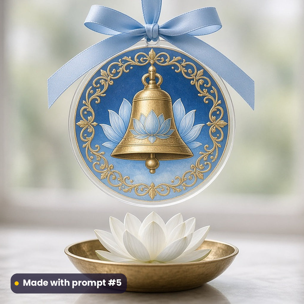 Buddha Purnima artwork printed on a UV-printed clear acrylic ornament: antique brass bell with lotus engraving, vintage botanical style, made with prompt #5 from this pack
