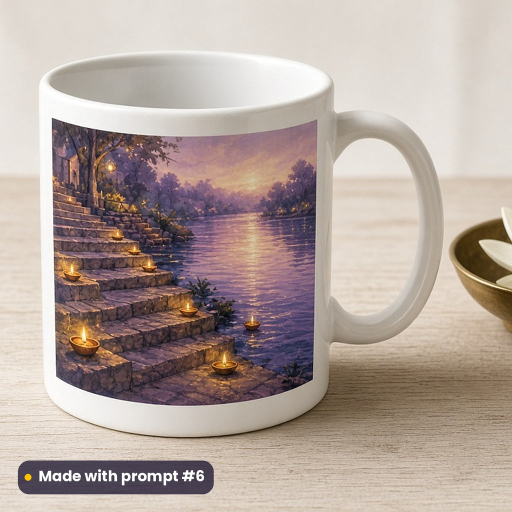 Buddha Purnima artwork printed on a UV-printed ceramic mug: riverside steps lit with lamps at dusk, fantasy luminous style, made with prompt #6 from this pack