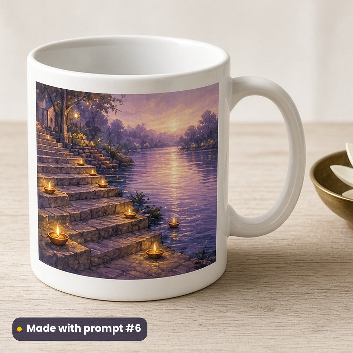 Buddha Purnima artwork printed on a UV-printed ceramic mug: riverside steps lit with lamps at dusk, fantasy luminous style, made with prompt #6 from this pack