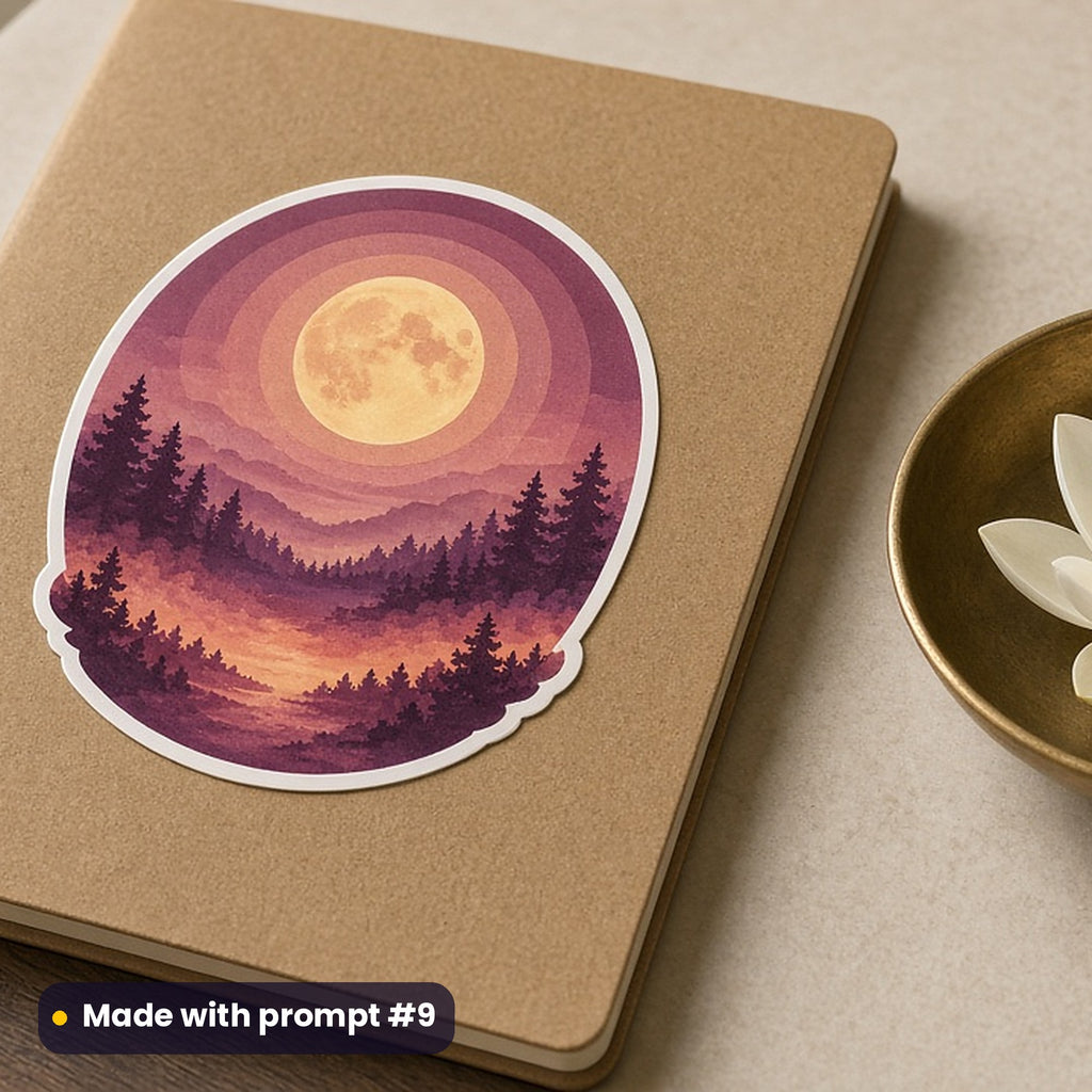 Buddha Purnima artwork printed on a die-cut vinyl sticker: moon halo above a forest at night, luxury porcelain style, made with prompt #9 from this pack