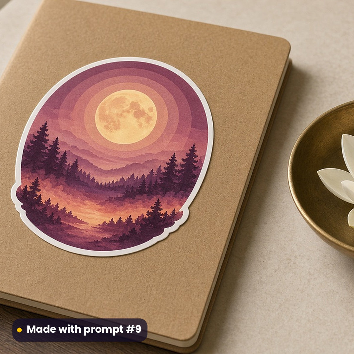 Buddha Purnima artwork printed on a die-cut vinyl sticker: moon halo above a forest at night, luxury porcelain style, made with prompt #9 from this pack