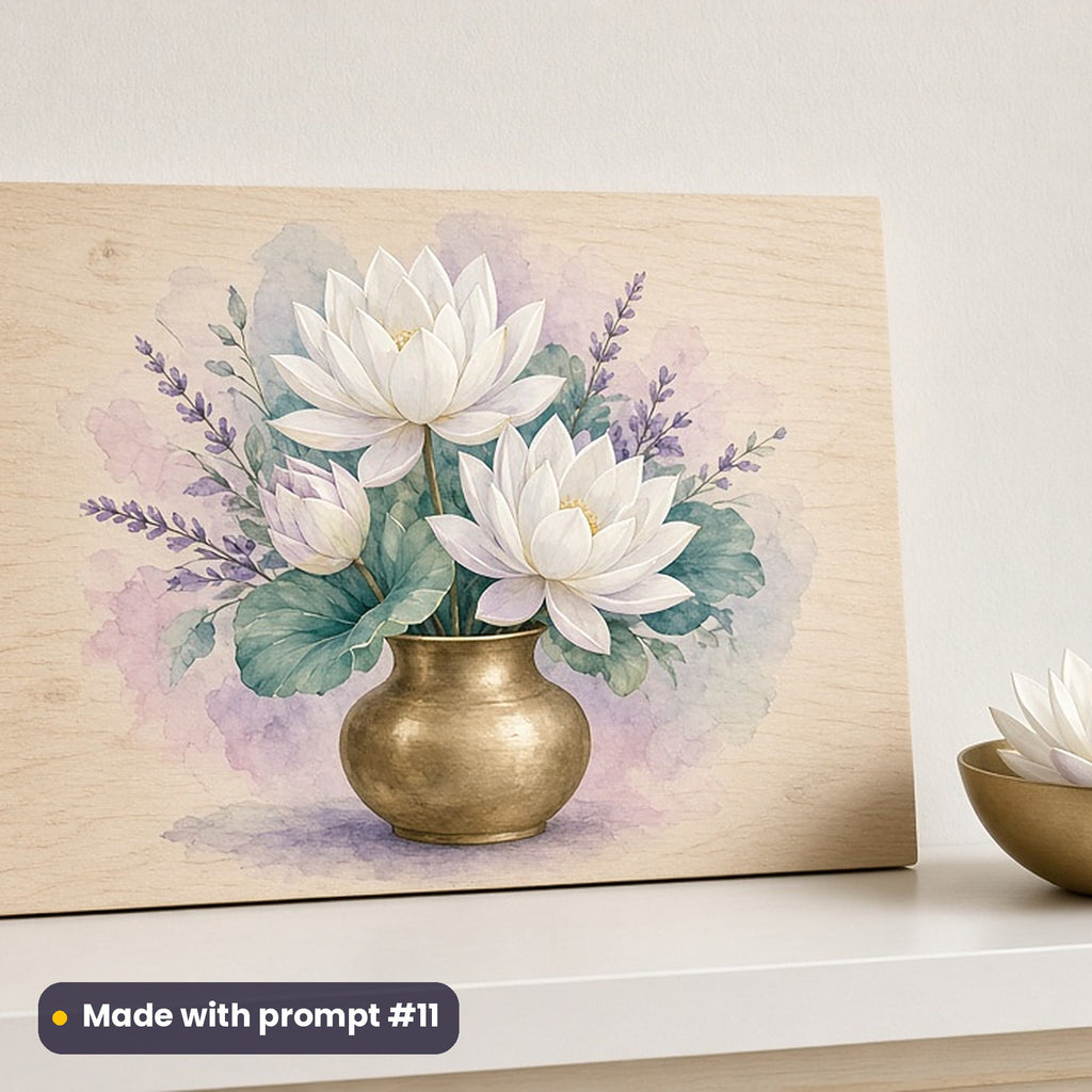 Buddha Purnima artwork printed on a UV-printed wooden plaque: white lotus bouquet in a brass vessel, modern scandinavian style, made with prompt #11 from this pack