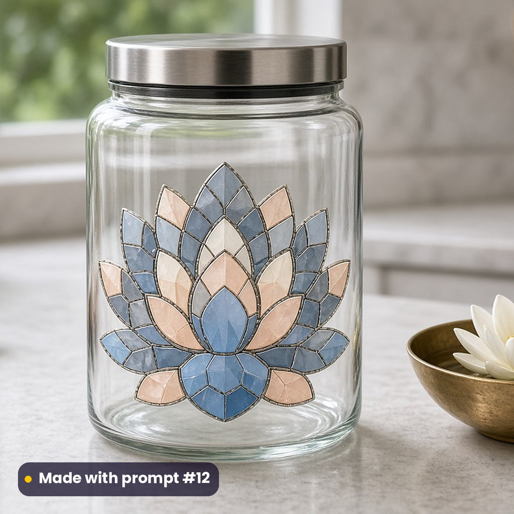 Buddha Purnima artwork printed on a UV DTF decal on glass: clay oil lamps arranged in a lotus shape, mosaic jewel style, made with prompt #12 from this pack