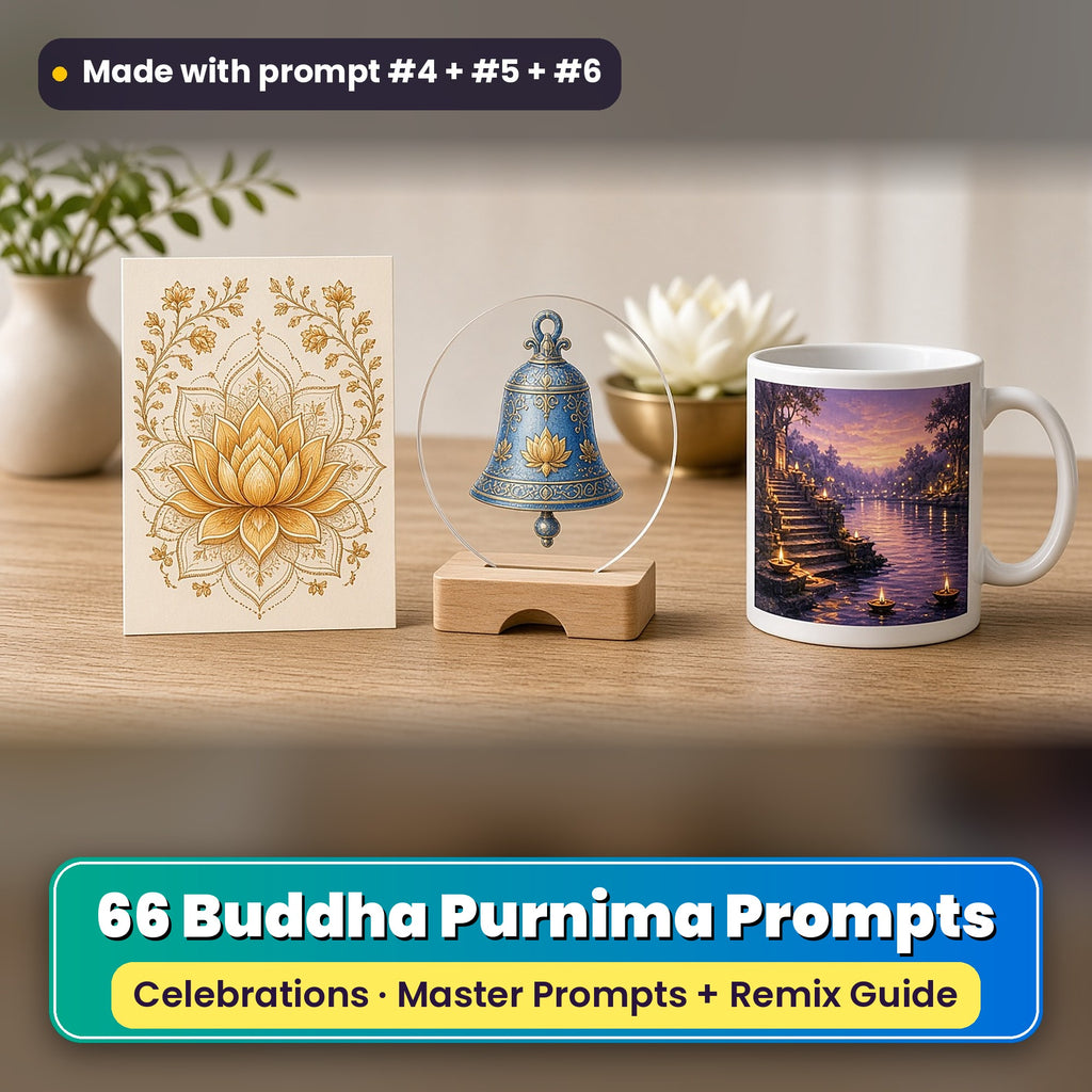 Buddha Purnima prompt pack: 66 master prompts + Remix Guide, with a UV-printed greeting card, acrylic ornament and mug set made with prompts #4, #5 and #6