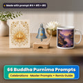 Buddha Purnima prompt pack: 66 master prompts + Remix Guide, with a UV-printed greeting card, acrylic ornament and mug set made with prompts #4, #5 and #6