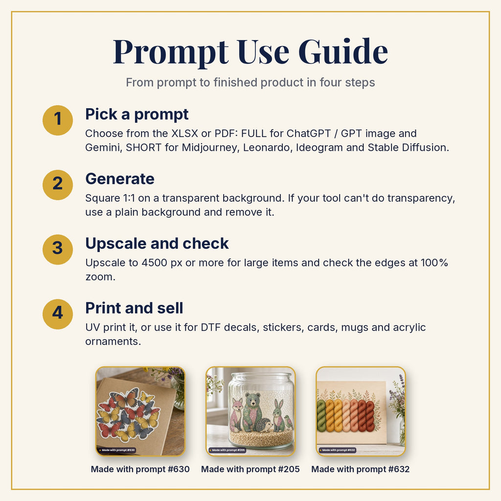 Prompt Use Guide: pick a prompt, generate, upscale and check, then print and sell, with example products made with prompts #630, #205 and #632