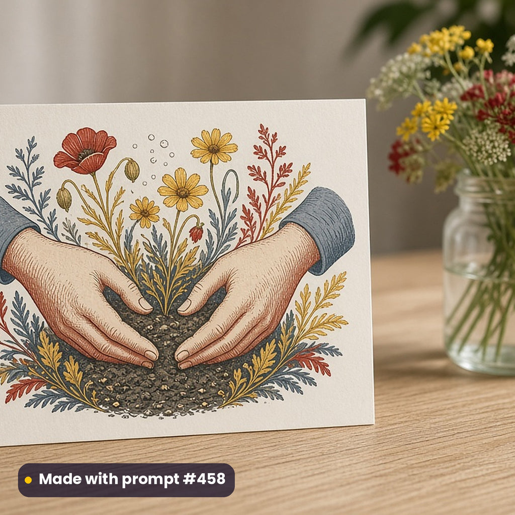 World Bee Day artwork printed on a flat-printed greeting card: hands planting wildflower seeds, luxury porcelain style, made with prompt #458 from this pack