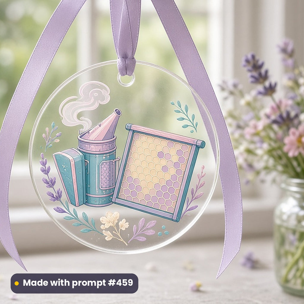 World Bee Day artwork printed on a UV-printed clear acrylic ornament: beekeeper's smoker and honey frame, modern scandinavian style, made with prompt #459 from this pack