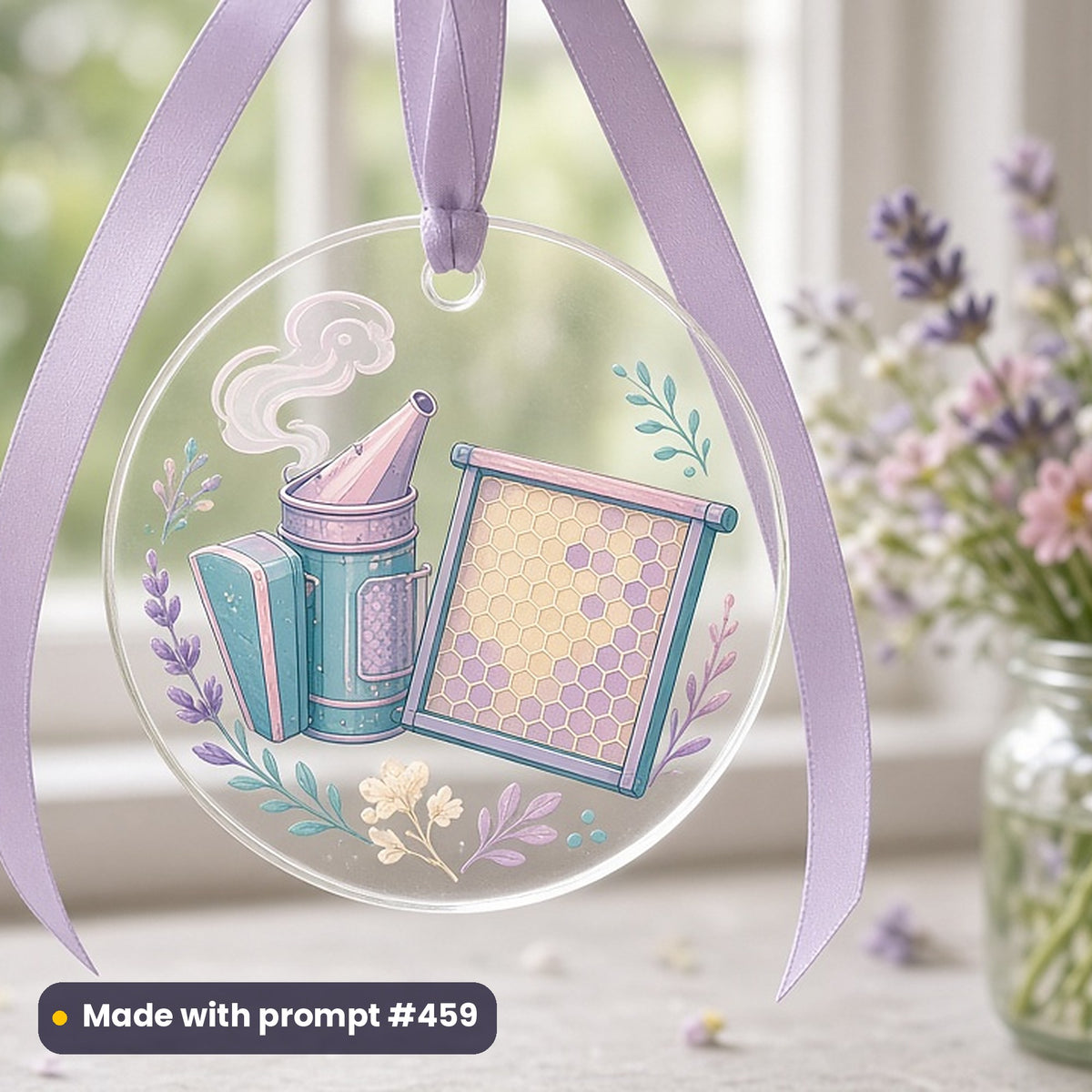 World Bee Day artwork printed on a UV-printed clear acrylic ornament: beekeeper's smoker and honey frame, modern scandinavian style, made with prompt #459 from this pack