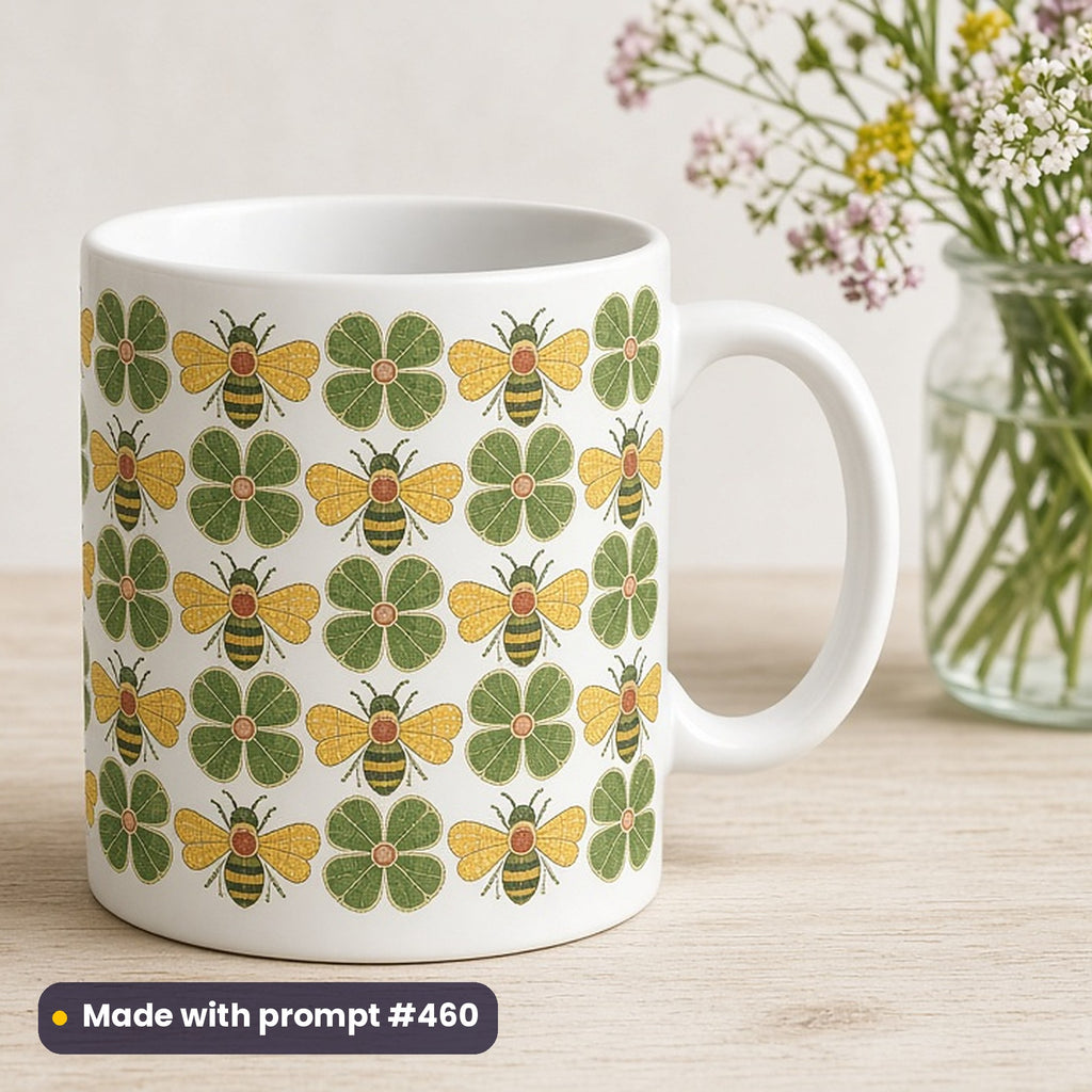 World Bee Day artwork printed on a UV-printed ceramic mug: bee and clover repeat pattern, mosaic jewel style, made with prompt #460 from this pack