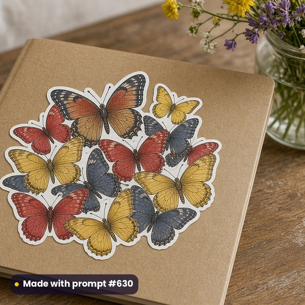 World Day for Cultural Diversity artwork printed on a die-cut vinyl sticker: butterflies in every colour, whimsical storybook style, made with prompt #630 from this pack