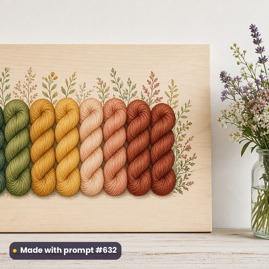 World Day for Cultural Diversity artwork printed on a UV-printed wooden plaque: rainbow of hand-dyed yarn skeins, vintage botanical style, made with prompt #632 from this pack