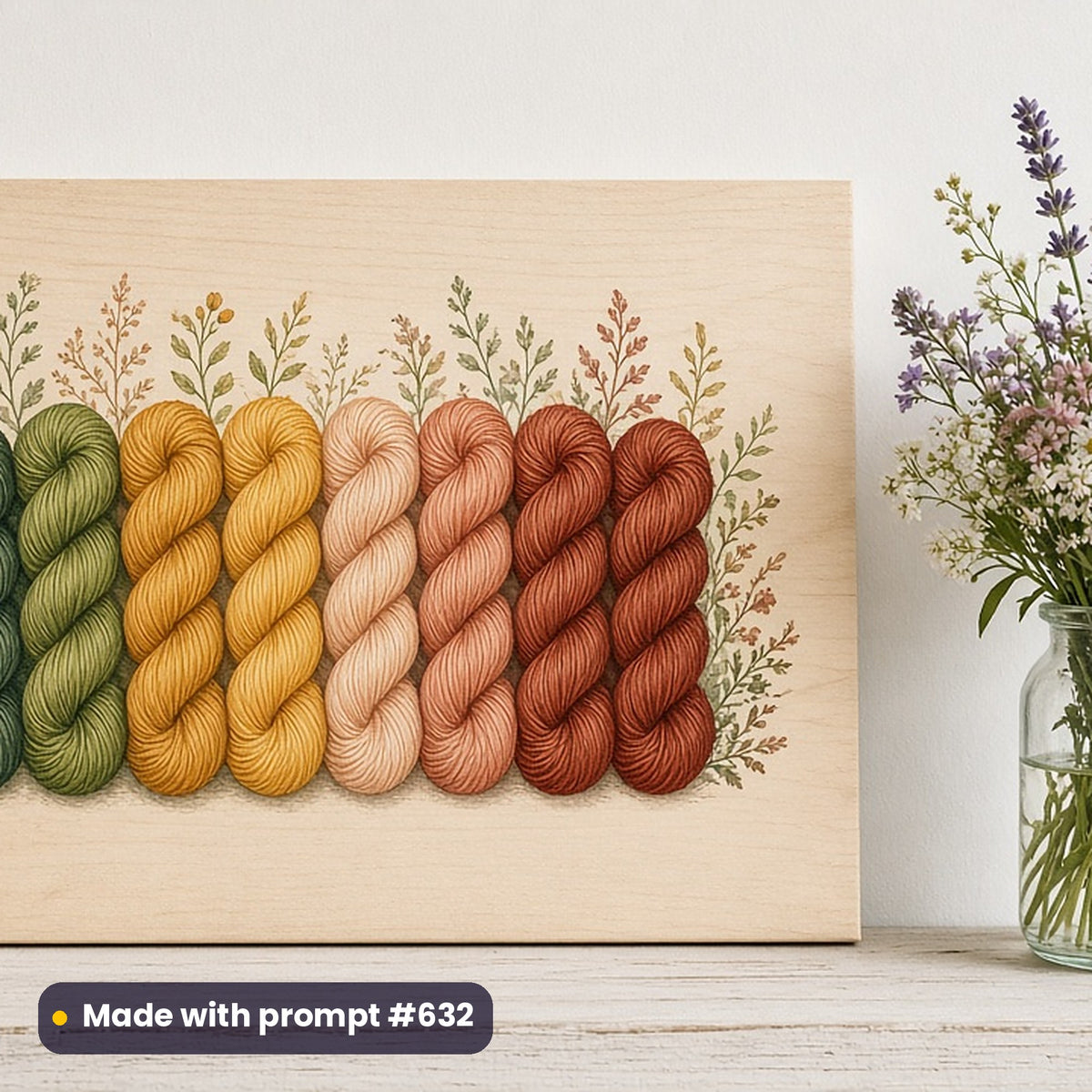 World Day for Cultural Diversity artwork printed on a UV-printed wooden plaque: rainbow of hand-dyed yarn skeins, vintage botanical style, made with prompt #632 from this pack