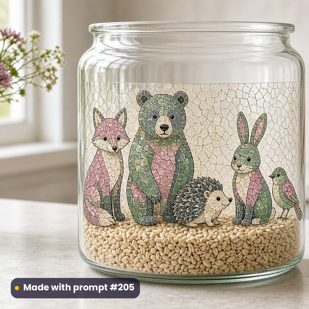 Cinco de Mayo artwork printed on a UV DTF decal on glass: painted wooden animals in a row, mosaic jewel style, made with prompt #205 from this pack