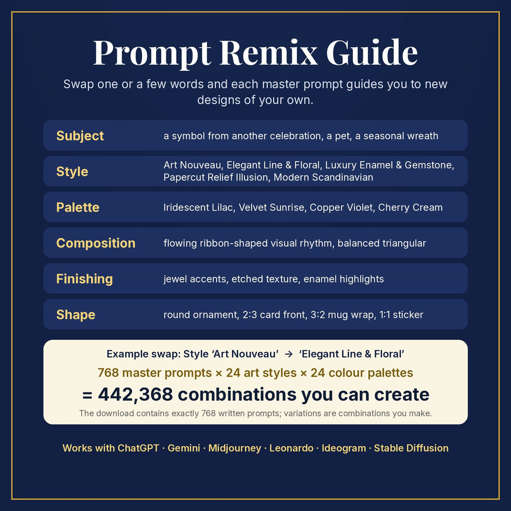 Prompt Remix Guide: swap subject, style, palette, composition, finishing and shape; 768 master prompts × 24 styles × 24 palettes = 442,368 combinations you can create
