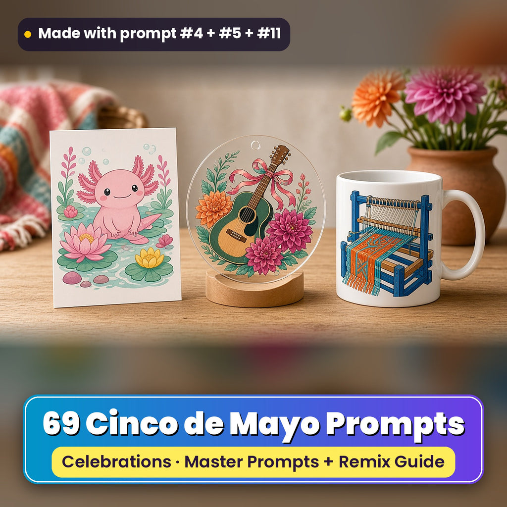 Cinco de Mayo prompt pack: 69 master prompts + Remix Guide, with a UV-printed greeting card, acrylic ornament and mug set made with prompts #4, #5 and #11