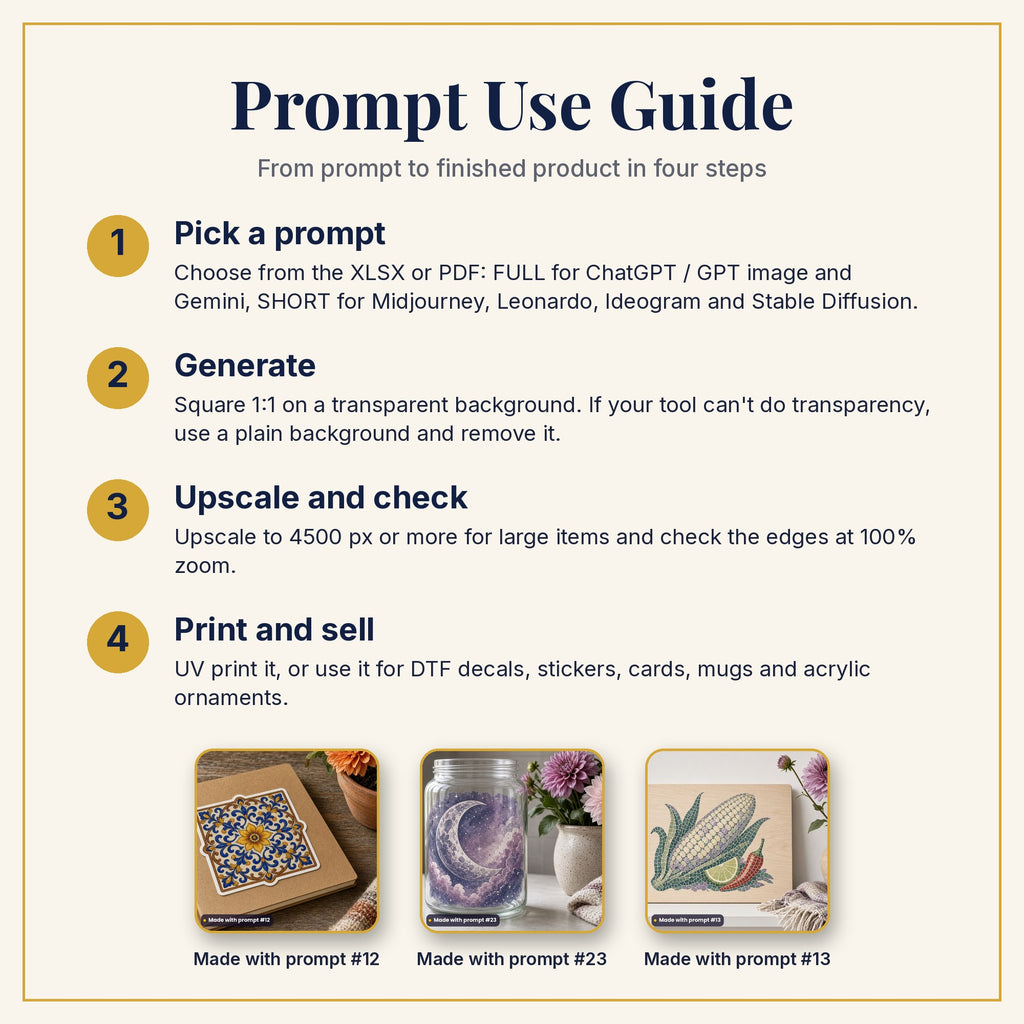 Prompt Use Guide: pick a prompt, generate, upscale and check, then print and sell, with example products made with prompts #12, #23 and #13