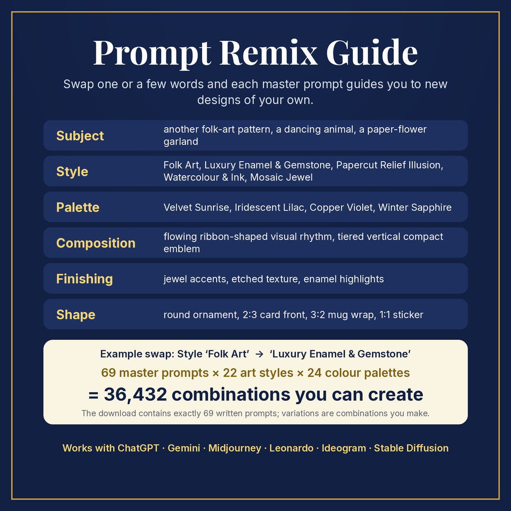 Prompt Remix Guide: swap subject, style, palette, composition, finishing and shape; 69 master prompts × 22 styles × 24 palettes = 36,432 combinations you can create