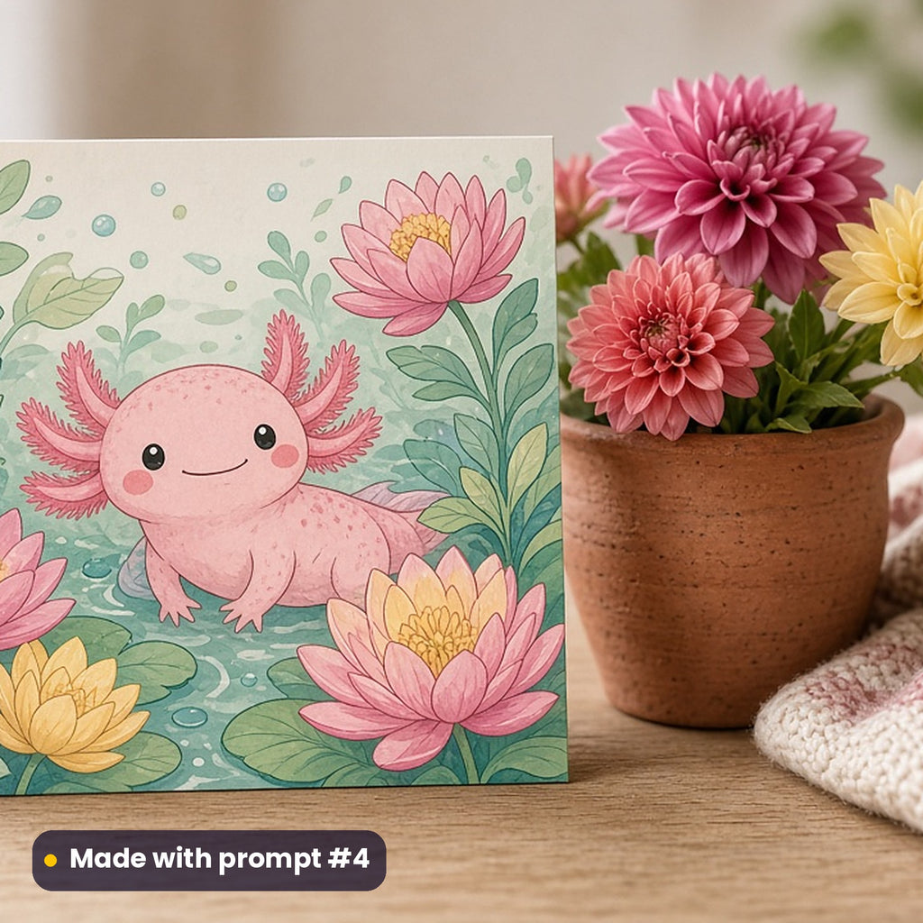 Cinco de Mayo artwork printed on a flat-printed greeting card: axolotl smiling among water lilies, cute kawaii style, made with prompt #4 from this pack