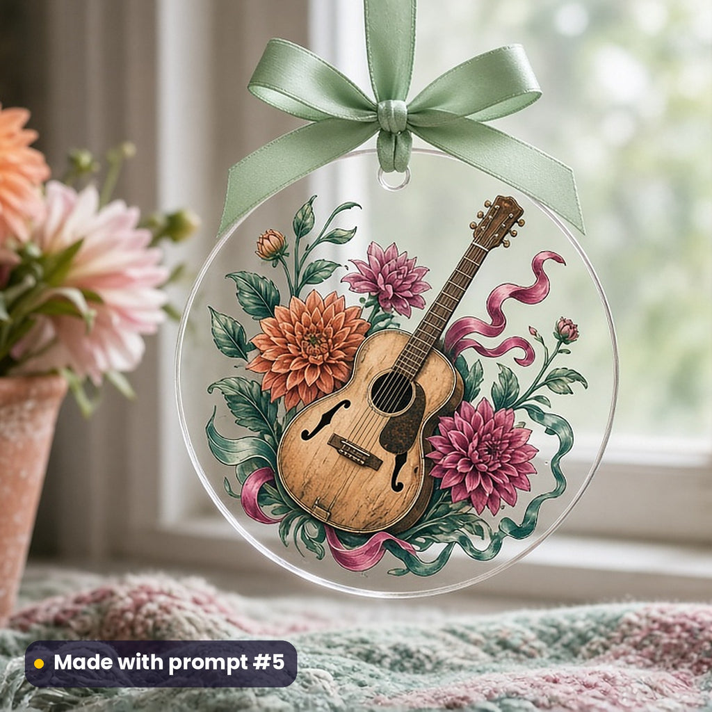 Cinco de Mayo artwork printed on a UV-printed clear acrylic ornament: vintage guitar with ribbons and dahlias, vintage botanical style, made with prompt #5 from this pack