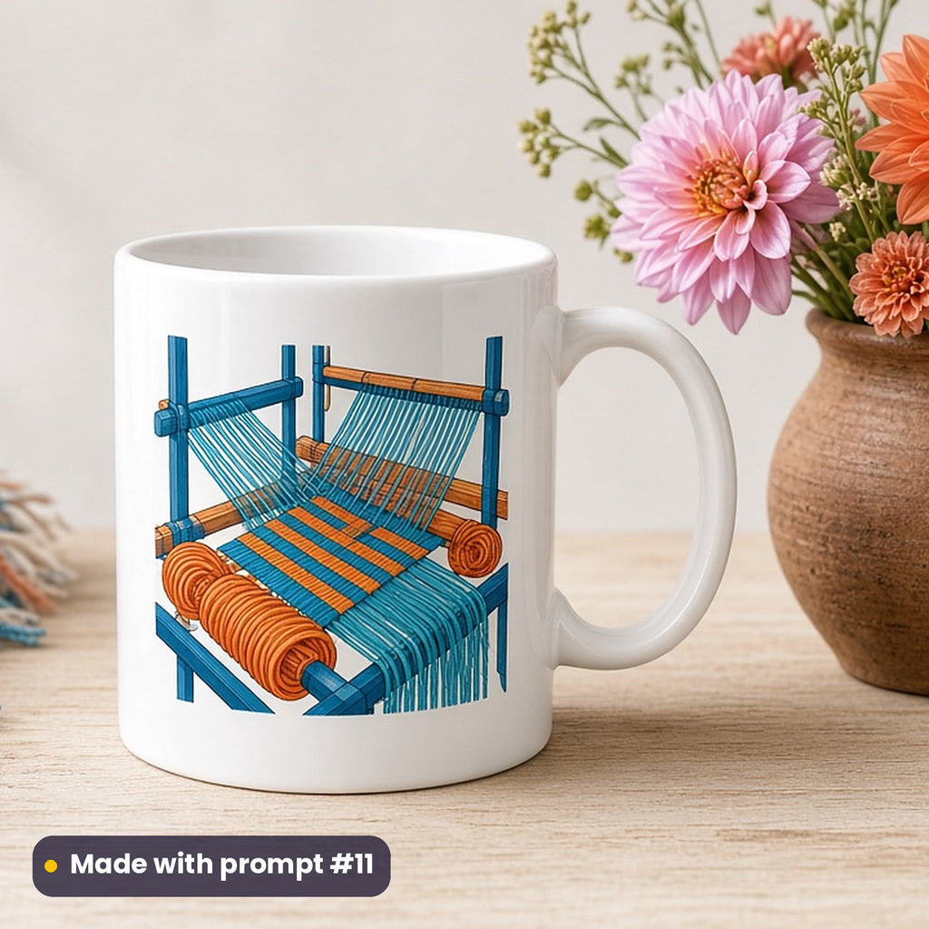Cinco de Mayo artwork printed on a UV-printed ceramic mug: weaver's backstrap loom with bright threads, pop art style, made with prompt #11 from this pack