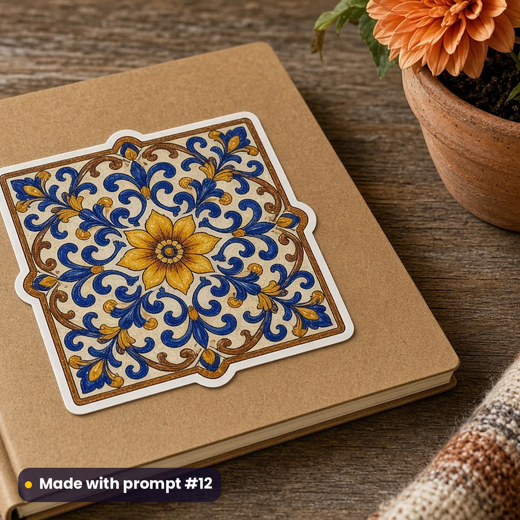 Cinco de Mayo artwork printed on a die-cut vinyl sticker: talavera-style tile with blue and yellow flowers, fantasy luminous style, made with prompt #12 from this pack