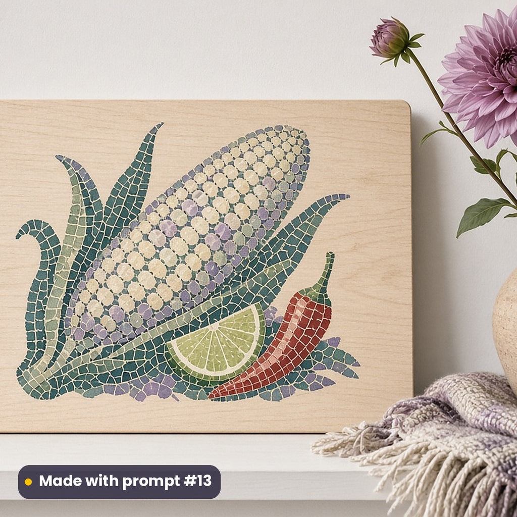 Cinco de Mayo artwork printed on a UV-printed wooden plaque: elote corn on the cob with chilli and lime, mosaic jewel style, made with prompt #13 from this pack