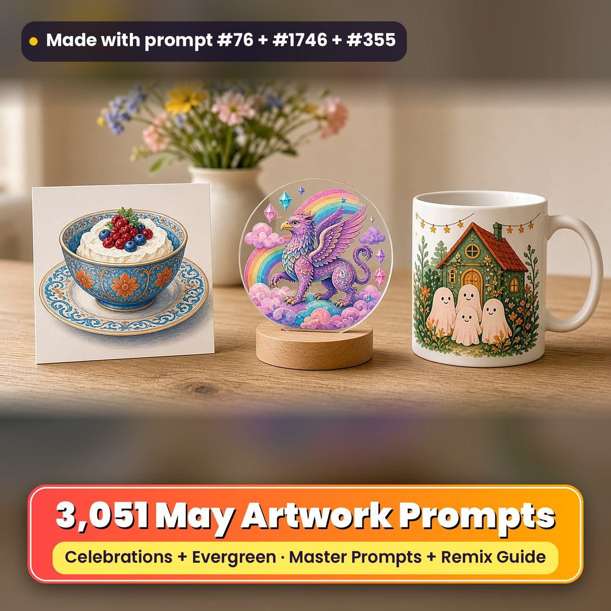 Complete May prompt library: 3,051 master prompts + Remix Guide, with a UV-printed greeting card, acrylic ornament and mug set made with prompts #76, #1746 and #355