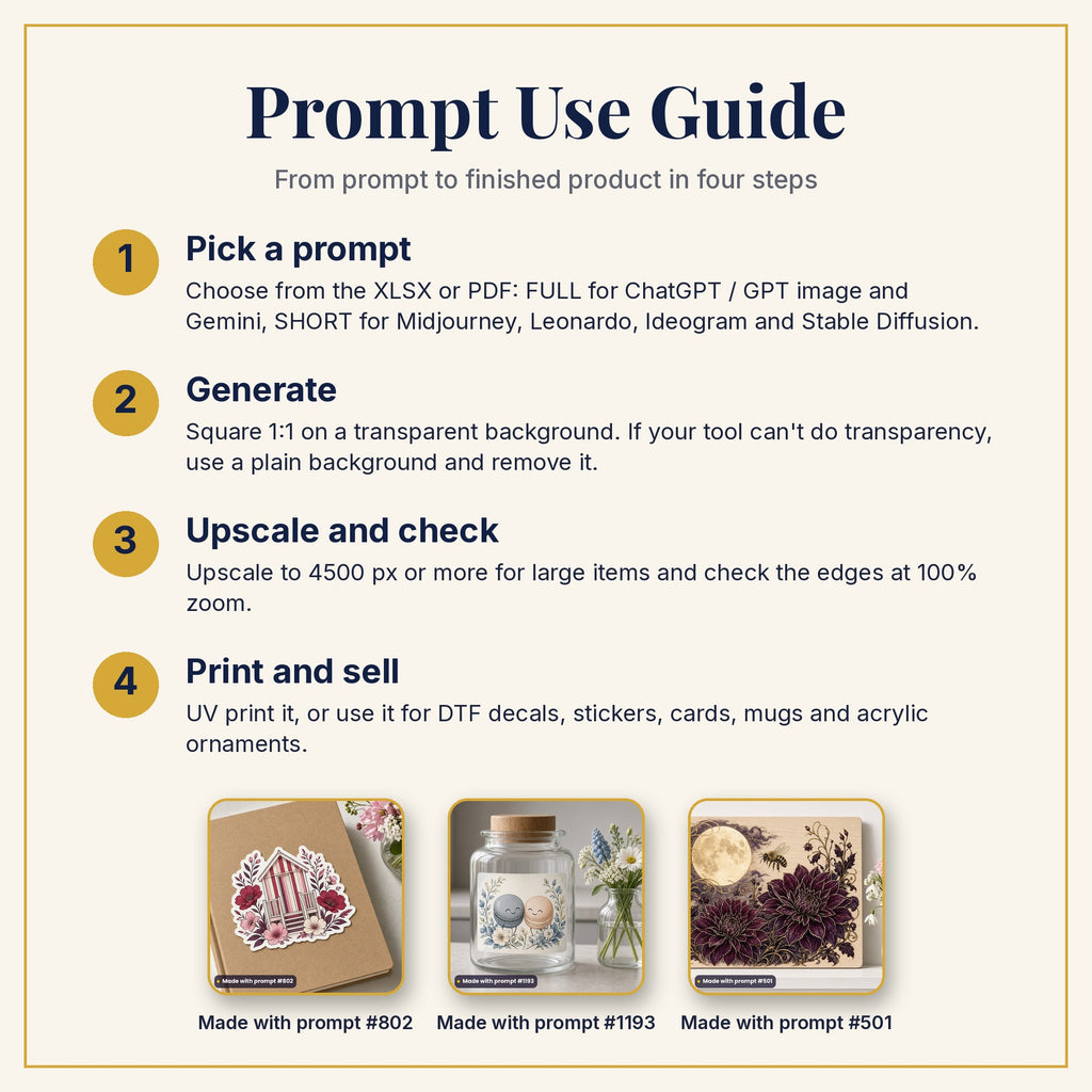 Prompt Use Guide: pick a prompt, generate, upscale and check, then print and sell, with example products made with prompts #802, #1193 and #501
