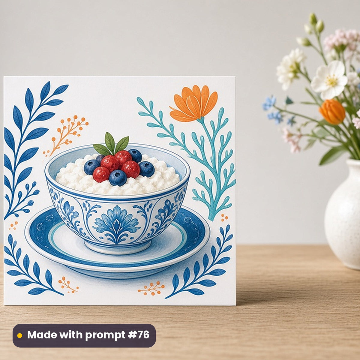 Orthodox Easter artwork printed on a flat-printed greeting card: bowl of sweet cheese and berries, luxury porcelain style, made with prompt #76 from this pack