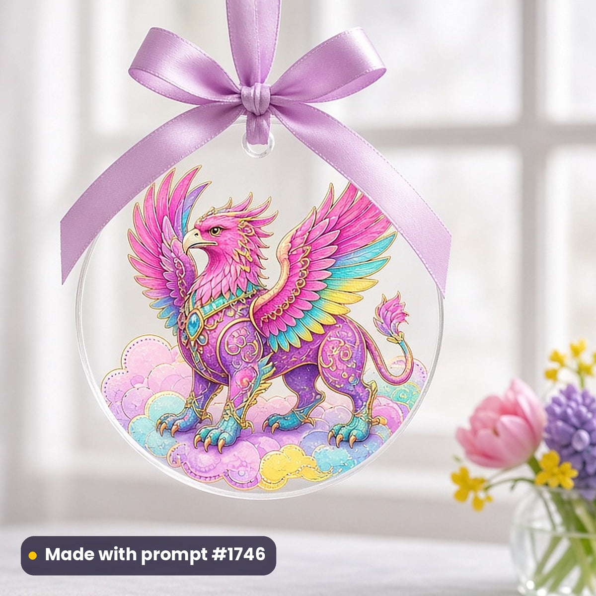 Fantasy Creatures artwork printed on a UV-printed clear acrylic ornament: rainbow cloud griffin, luxury enamel & gemstone style, made with prompt #1746 from this pack