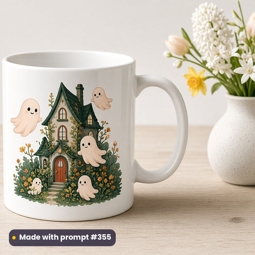 International Day of Families artwork printed on a UV-printed ceramic mug: spooky-cute house with a family of friendly ghosts, luxury porcelain style, made with prompt #355 from this pack