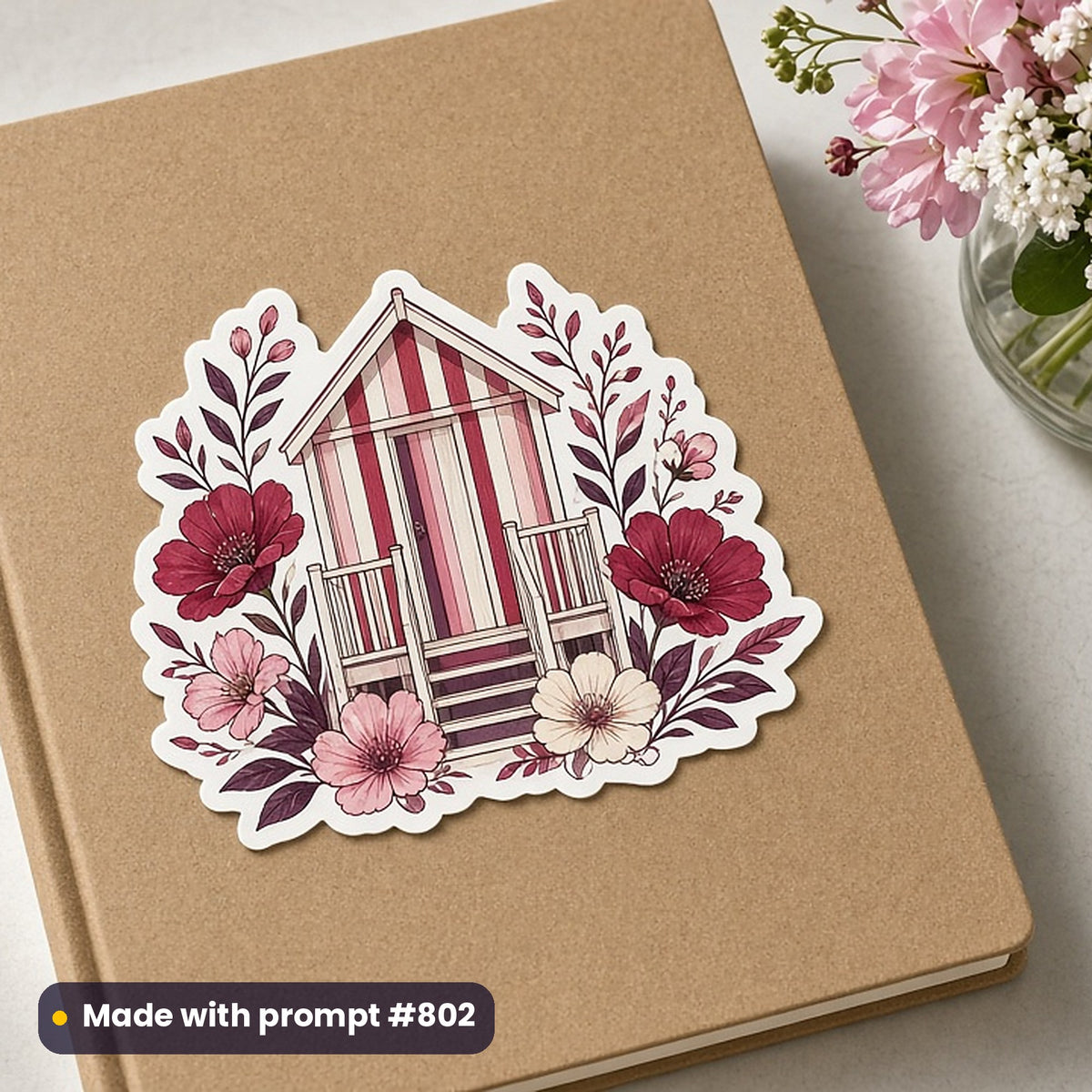 Travel & Coastal artwork printed on a die-cut vinyl sticker: beach hut illustration, elegant line & floral style, made with prompt #802 from this pack