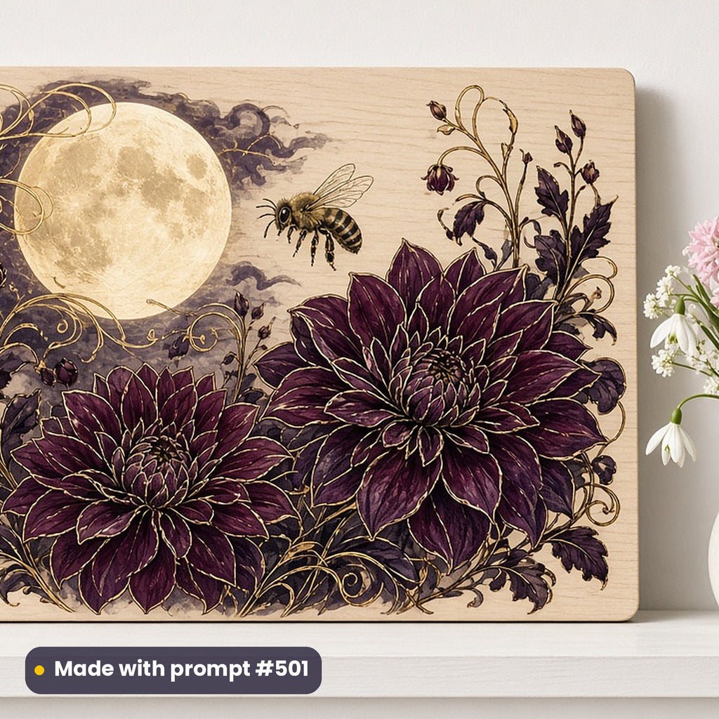 World Bee Day artwork printed on a UV-printed wooden plaque: moonlit bee and black dahlias, art nouveau style, made with prompt #501 from this pack