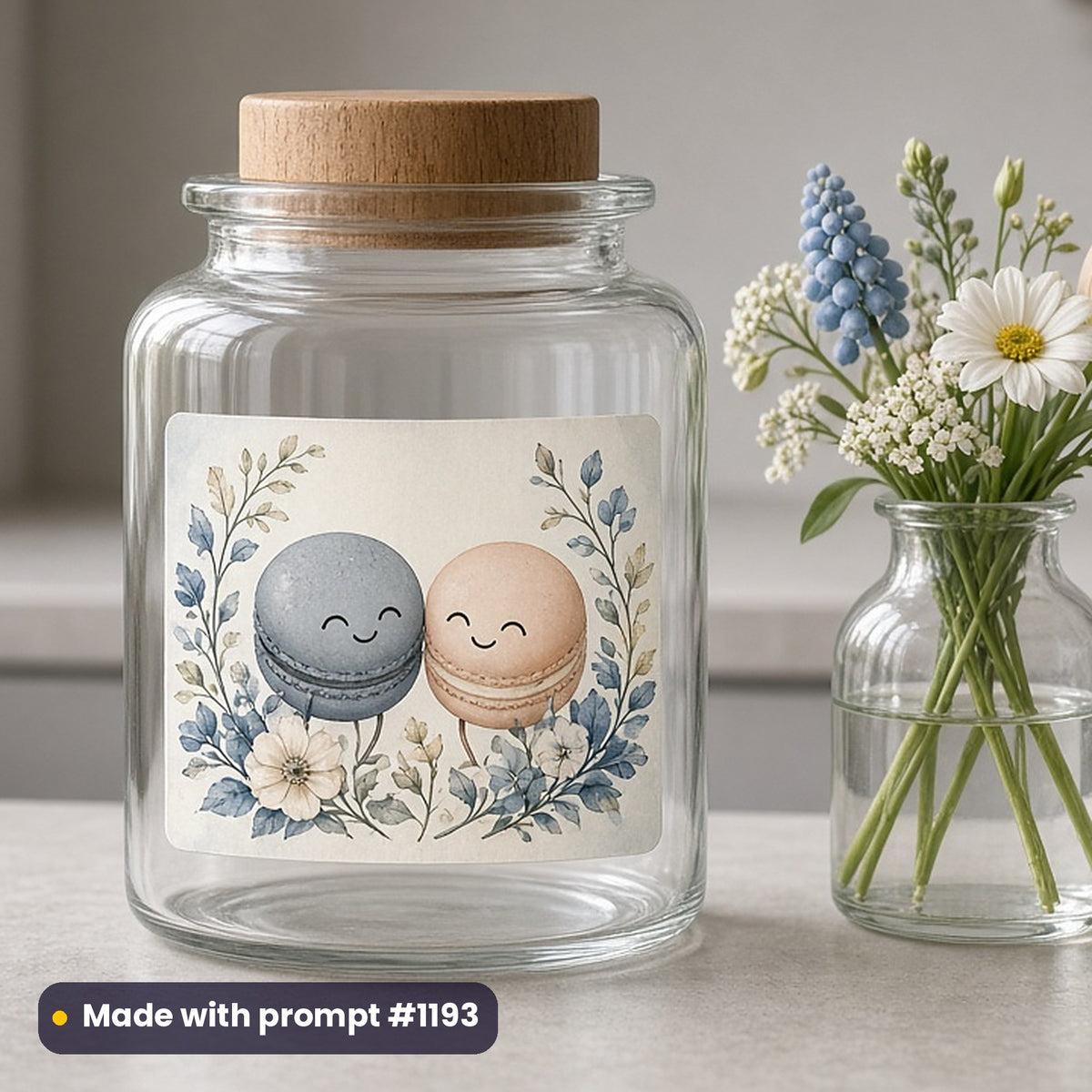 Food & Sweet Treats artwork printed on a UV DTF decal on glass: happy macaron duo, vintage botanical style, made with prompt #1193 from this pack
