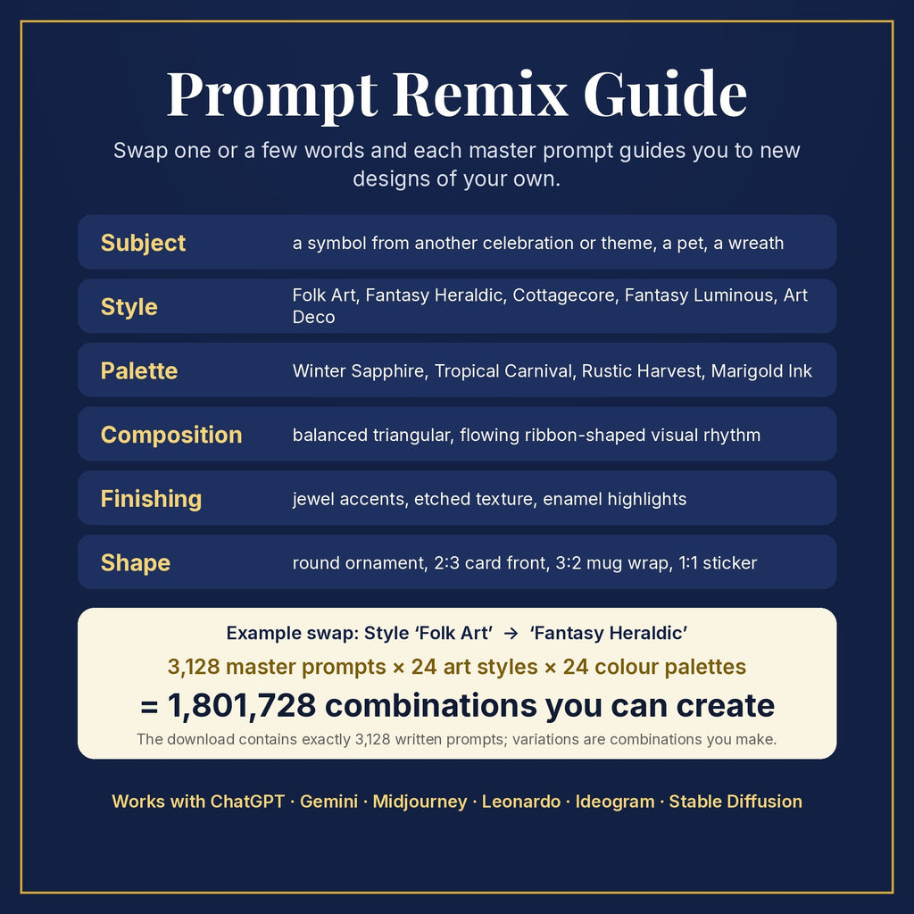 Prompt Remix Guide: swap subject, style, palette, composition, finishing and shape; 3,128 master prompts × 24 styles × 24 palettes = 1,801,728 combinations you can create