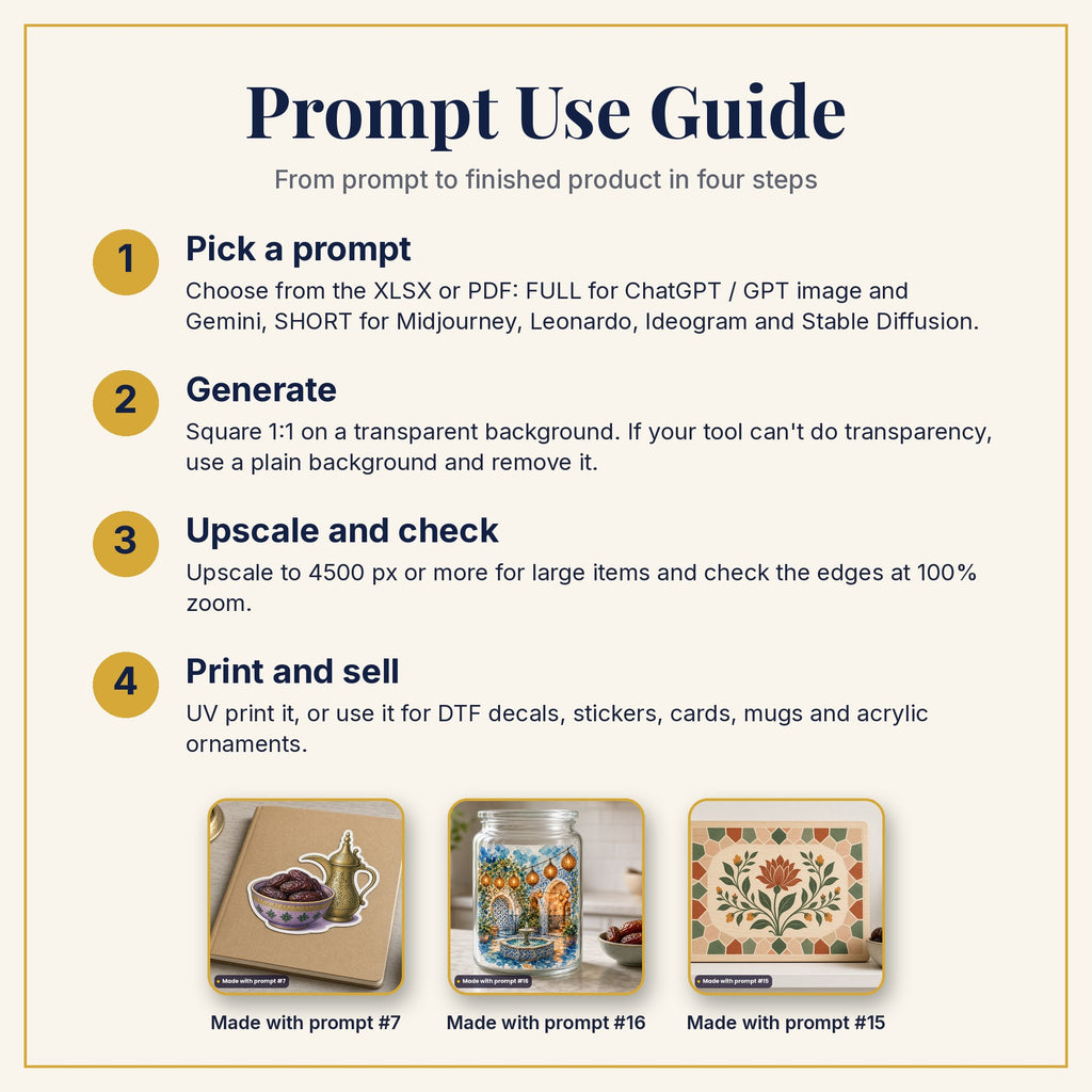 Prompt Use Guide: pick a prompt, generate, upscale and check, then print and sell, with example products made with prompts #7, #16 and #15