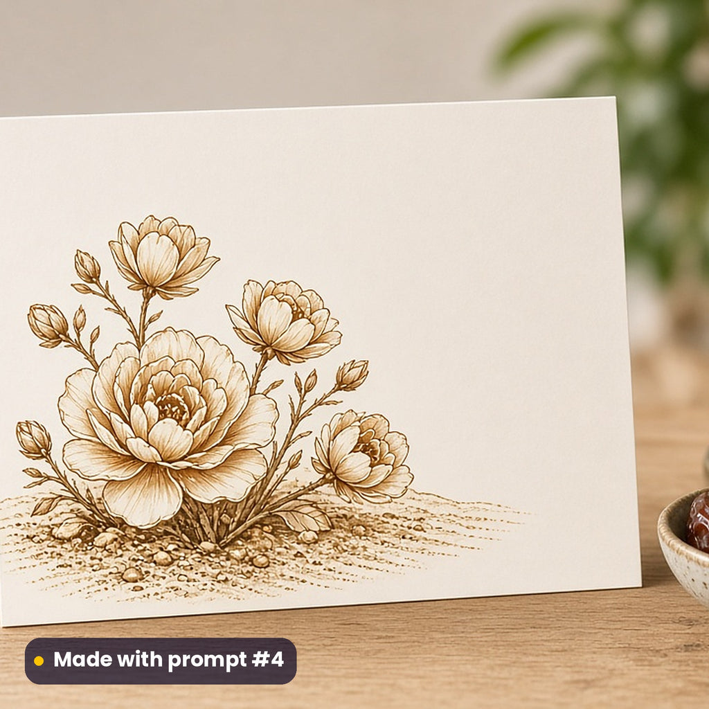 Eid al-Adha artwork printed on a flat-printed greeting card: desert roses blooming in the sand, elegant line & floral style, made with prompt #4 from this pack