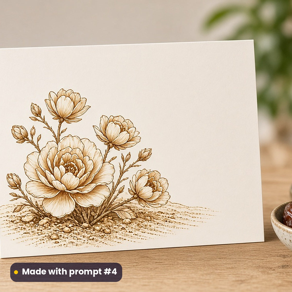 Eid al-Adha artwork printed on a flat-printed greeting card: desert roses blooming in the sand, elegant line & floral style, made with prompt #4 from this pack