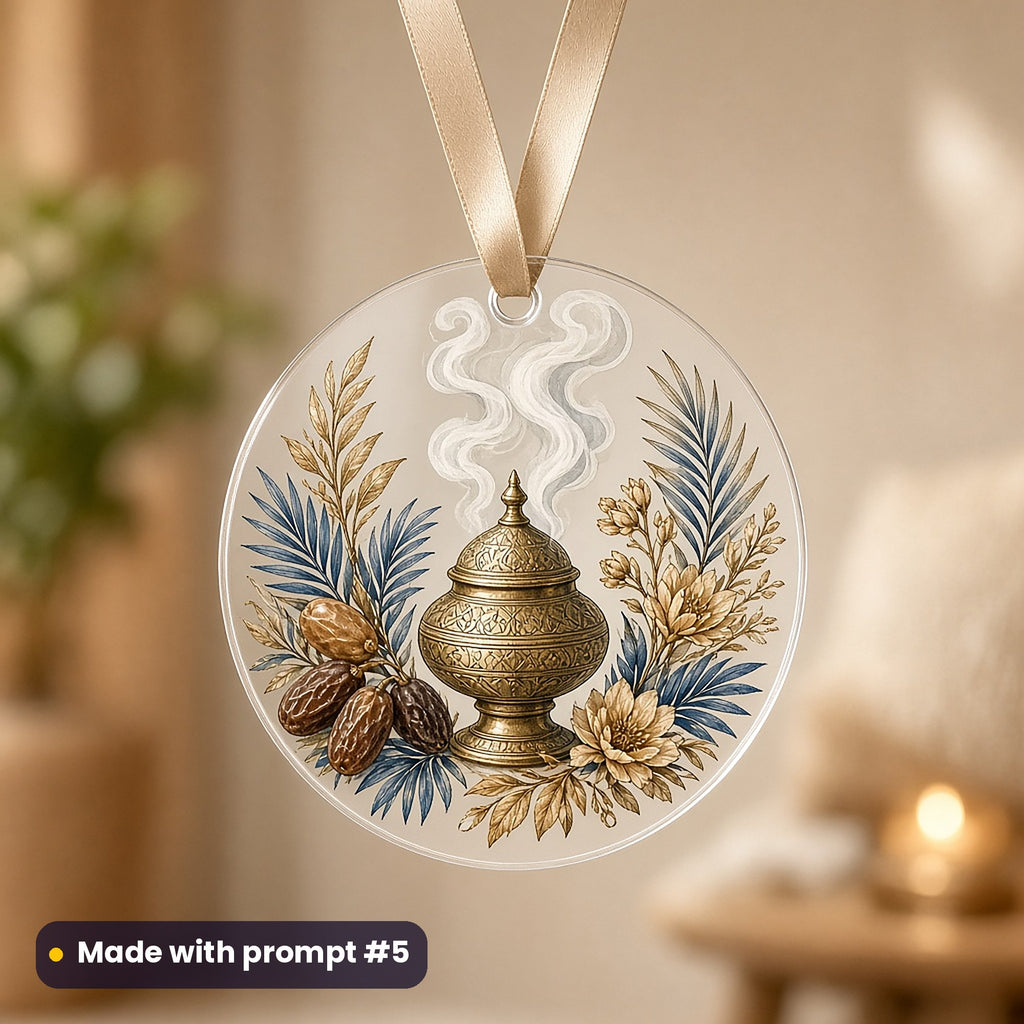 Eid al-Adha artwork printed on a UV-printed clear acrylic ornament: vintage brass incense burner with fragrant smoke, vintage botanical style, made with prompt #5 from this pack