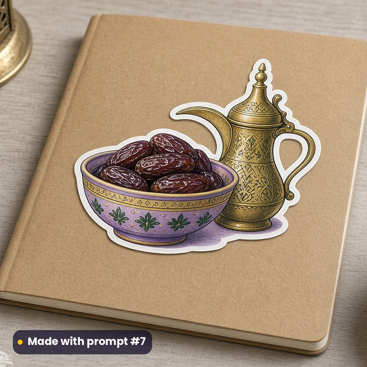 Eid al-Adha artwork printed on a die-cut vinyl sticker: bowl of dates beside a brass dallah coffee pot, folk art style, made with prompt #7 from this pack
