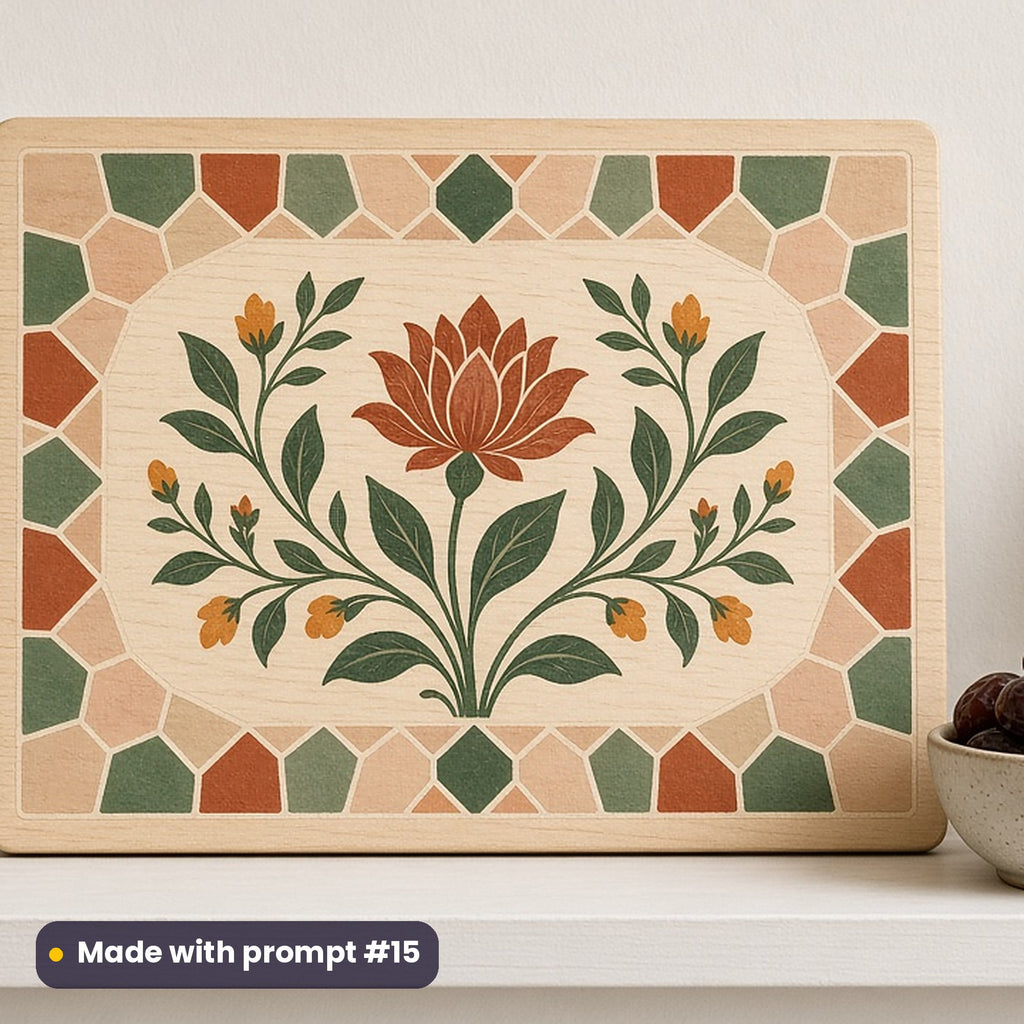 Eid al-Adha artwork printed on a UV-printed wooden plaque: zellige-style tile border, vintage botanical style, made with prompt #15 from this pack