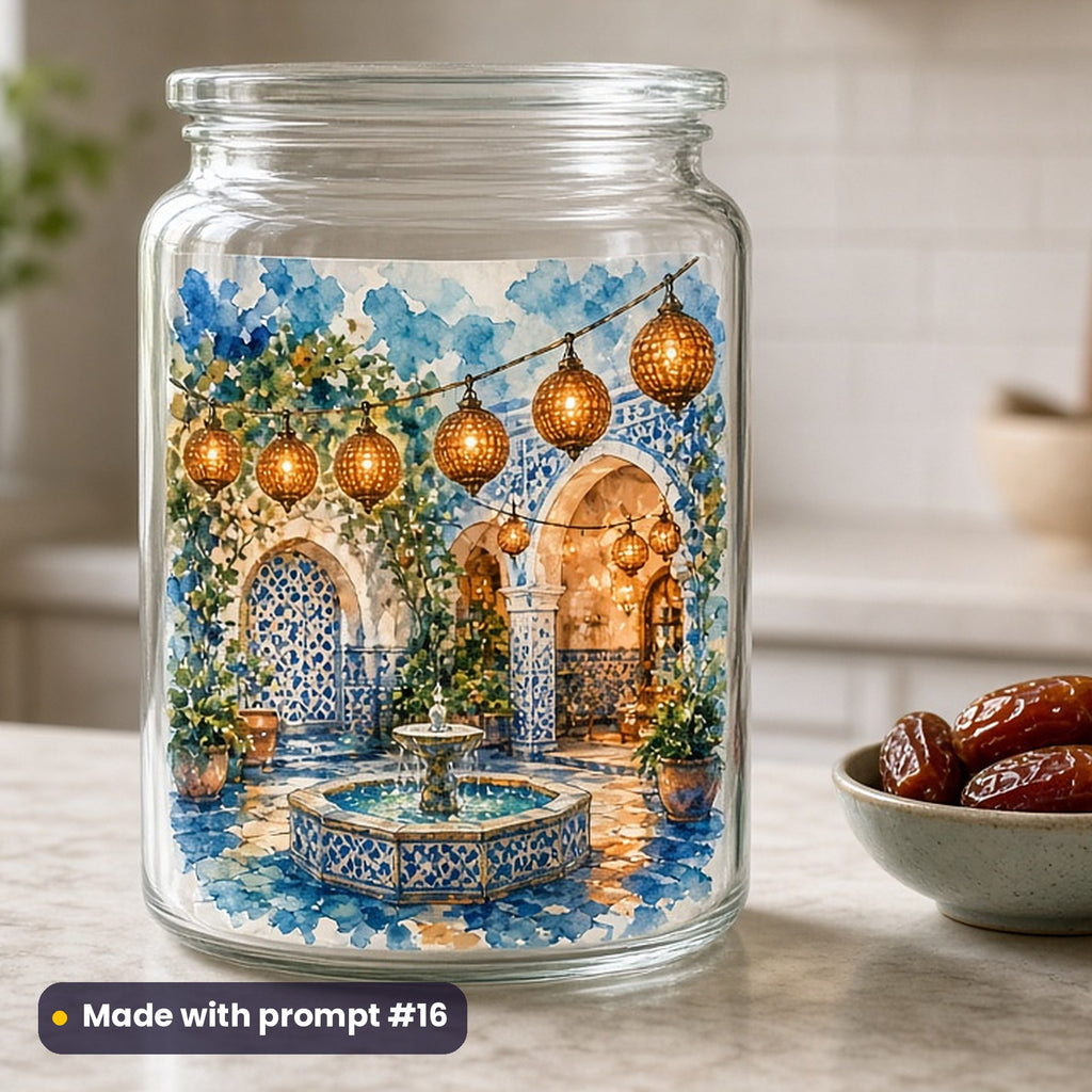 Eid al-Adha artwork printed on a UV DTF decal on glass: string of lanterns across a courtyard, watercolour & ink style, made with prompt #16 from this pack