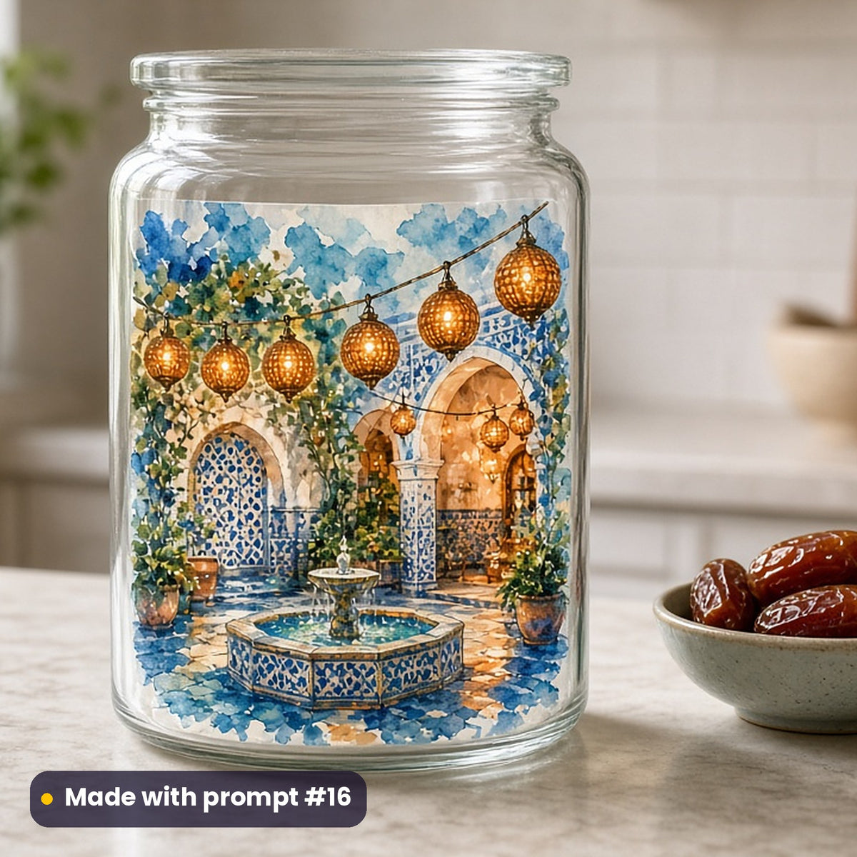 Eid al-Adha artwork printed on a UV DTF decal on glass: string of lanterns across a courtyard, watercolour & ink style, made with prompt #16 from this pack