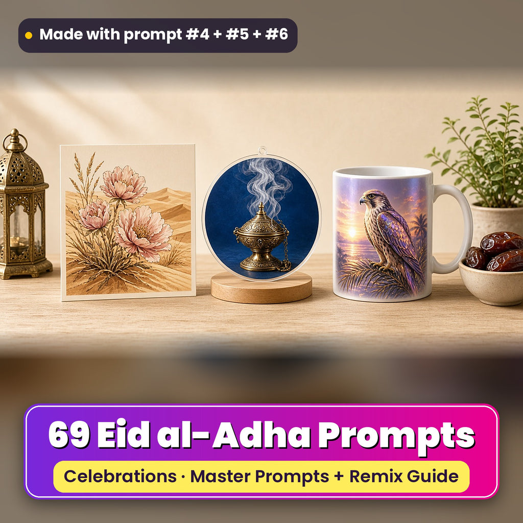 Eid al-Adha prompt pack: 69 master prompts + Remix Guide, with a UV-printed greeting card, acrylic ornament and mug set made with prompts #4, #5 and #6