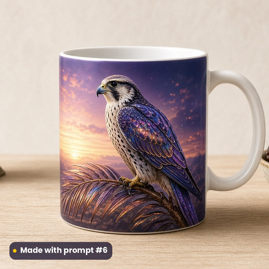 Eid al-Adha artwork printed on a UV-printed ceramic mug: falcon perched on a palm frond at dawn, fantasy luminous style, made with prompt #6 from this pack