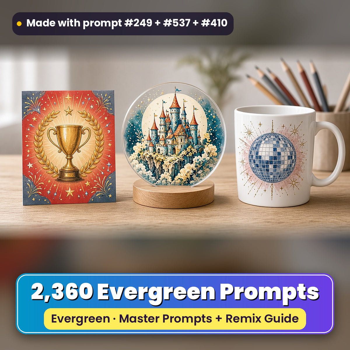 May Evergreen prompt library: 2,360 master prompts + Remix Guide, with a UV-printed greeting card, acrylic ornament and mug set made with prompts #249, #537 and #410